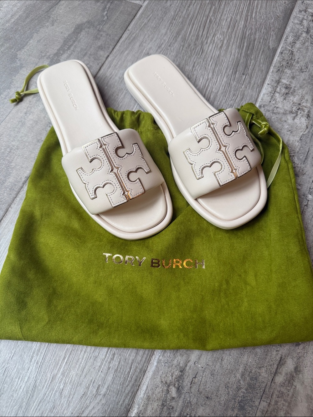 Tory Burch Cream Leather Logo Slide Sandals